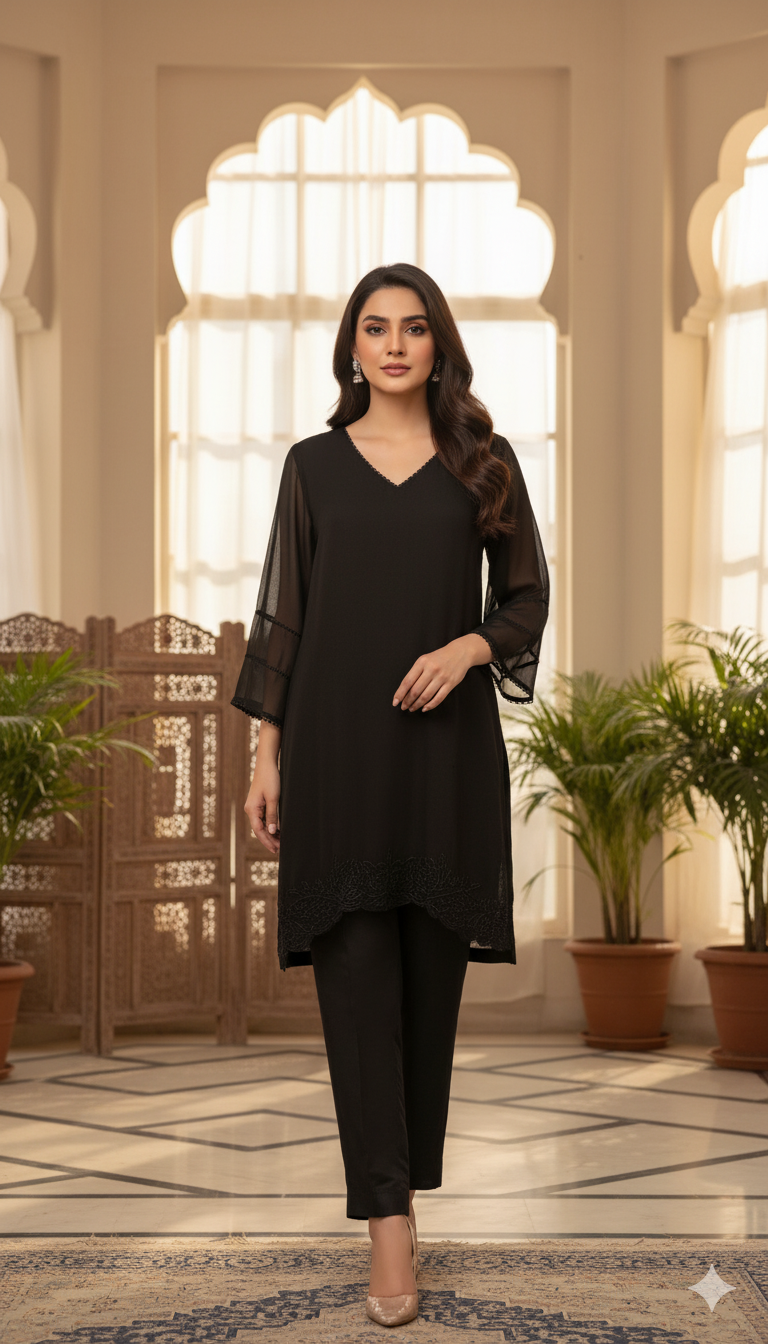 Black Embroided Organza Co-ord Set