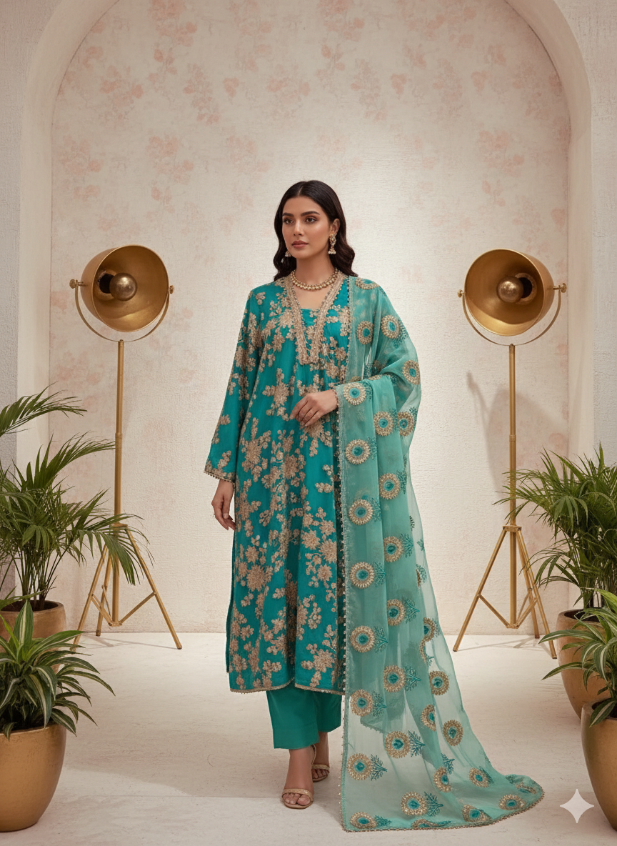 Blue-Green Floral Embroidered Suit