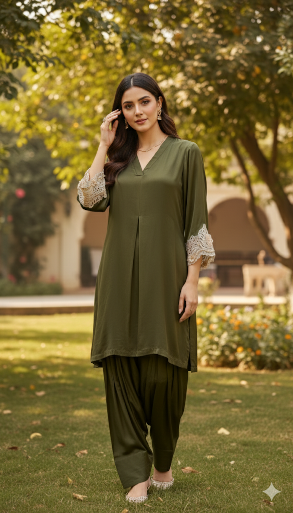 Olive Green Satin Silk Co-ord Set