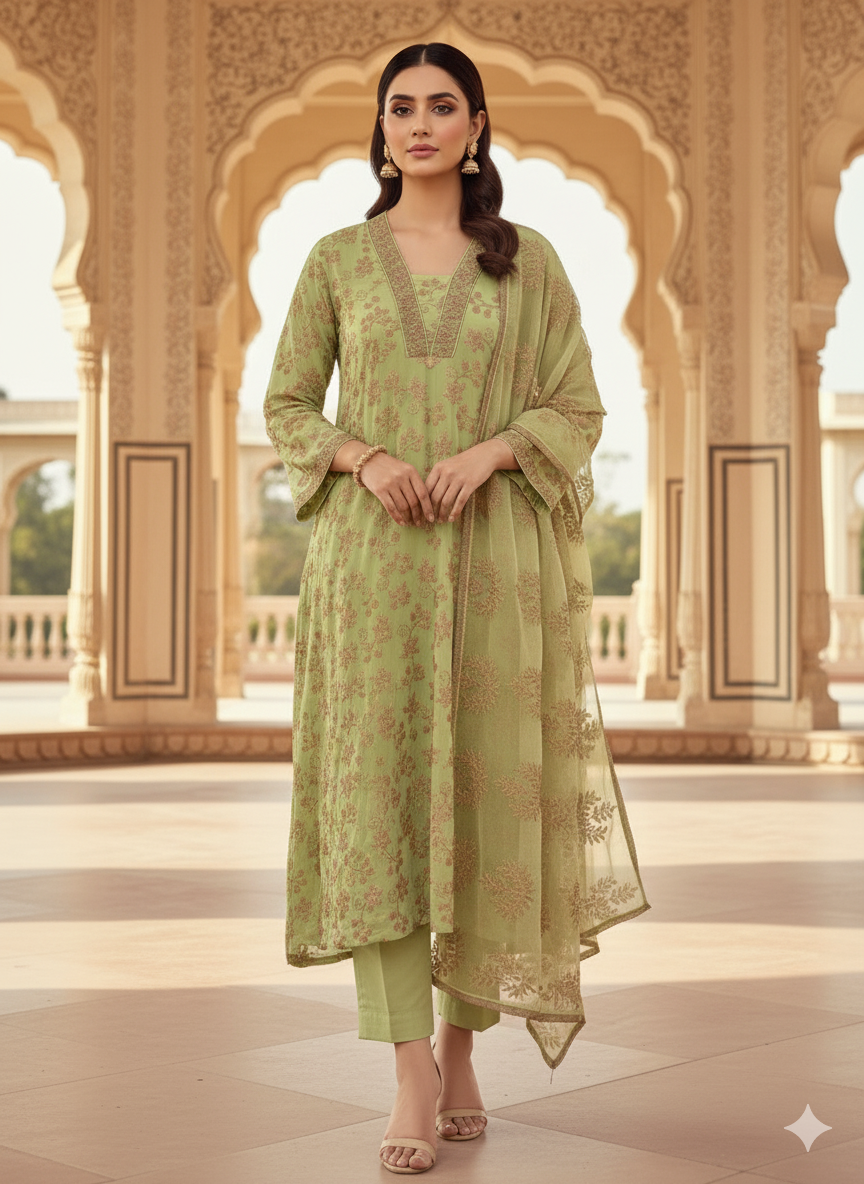 Floral Lime Green Zari Embroidered Suit