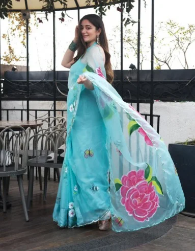 Elegant Blue Handpainted Saree