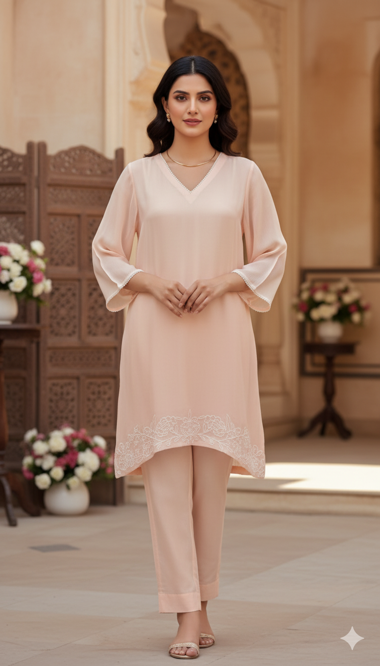Peach Embroidered Organza Co-ord Set