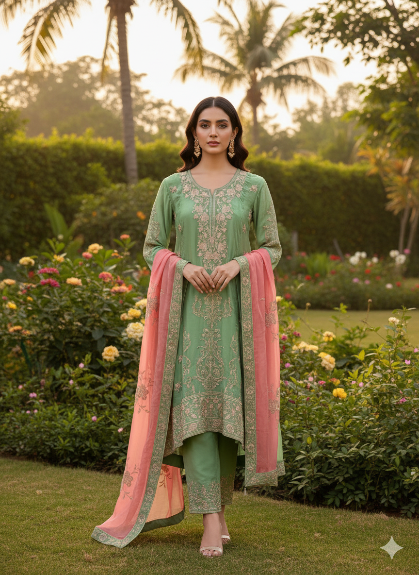 Sage Green Resham Embroidery Suit