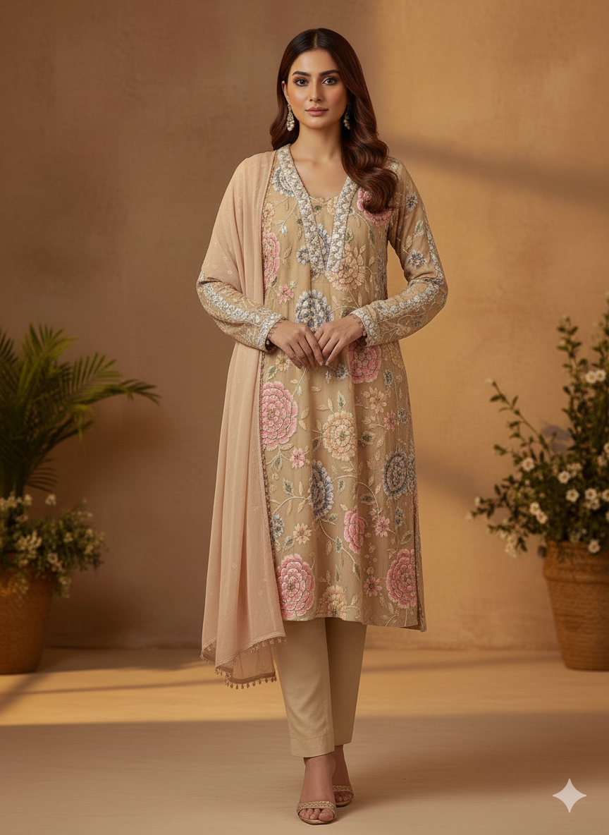 Nude Brown Floral Embroidered Suit