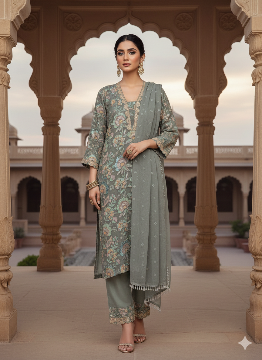 Greyish Green Floral Embroidered Suit