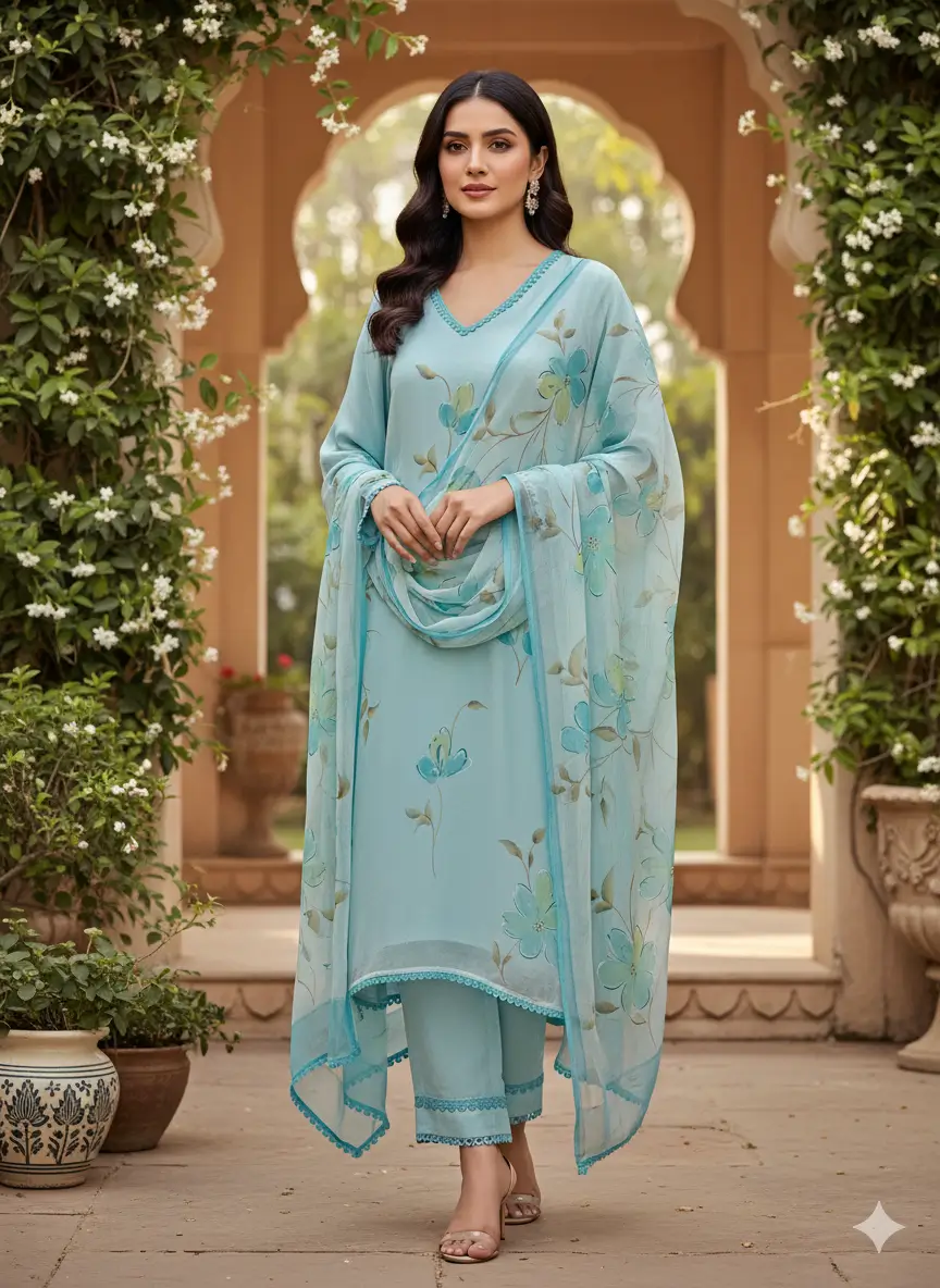 Aqua Blue Handpainted Suit