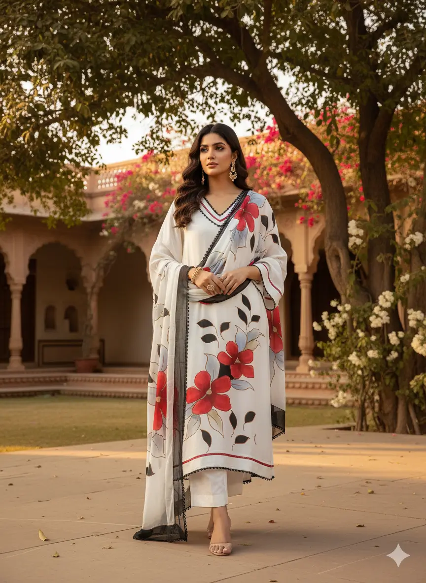 White Floral Handpaint Suit