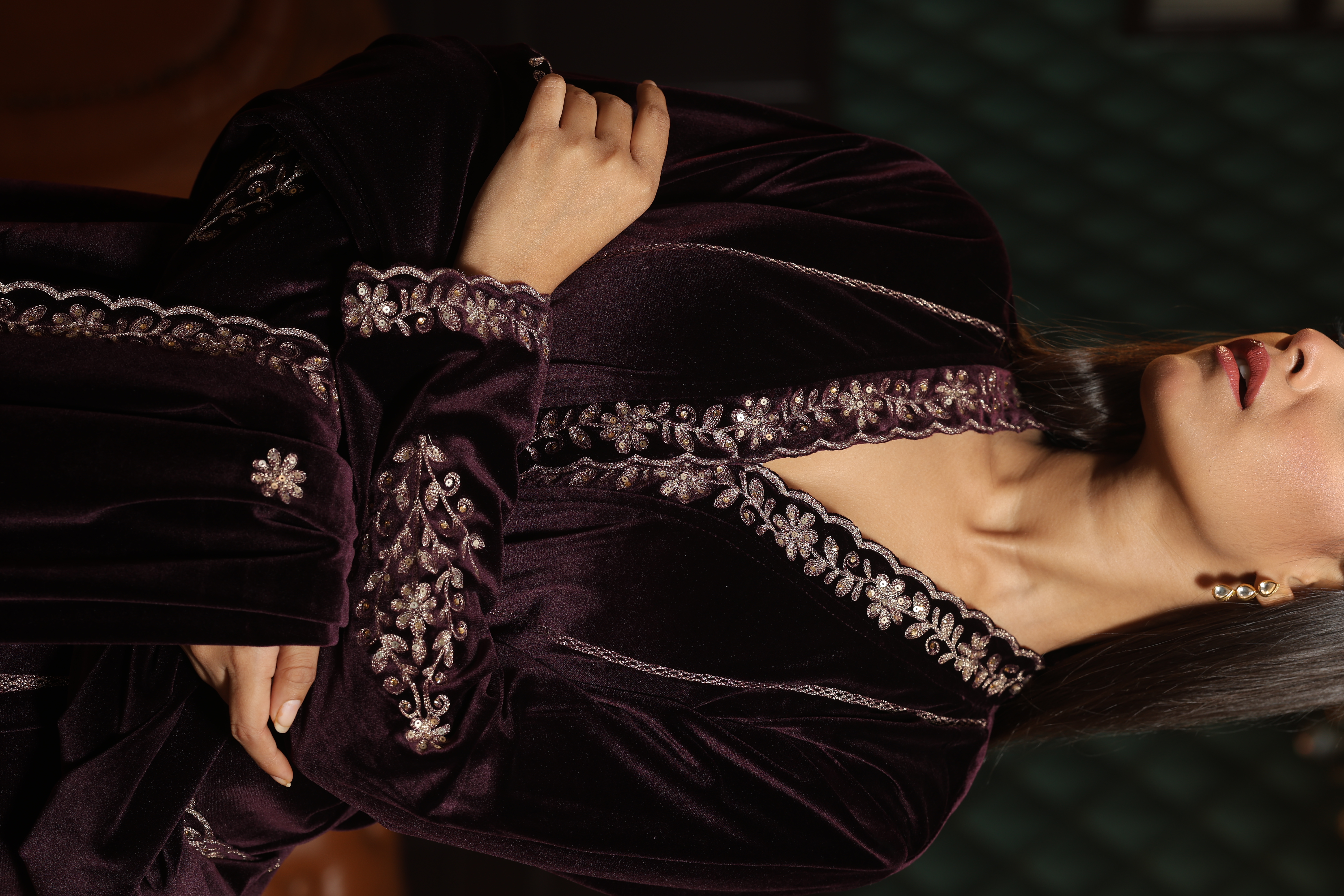 Deep Wine Embroidered Velvet 3-piece Suit