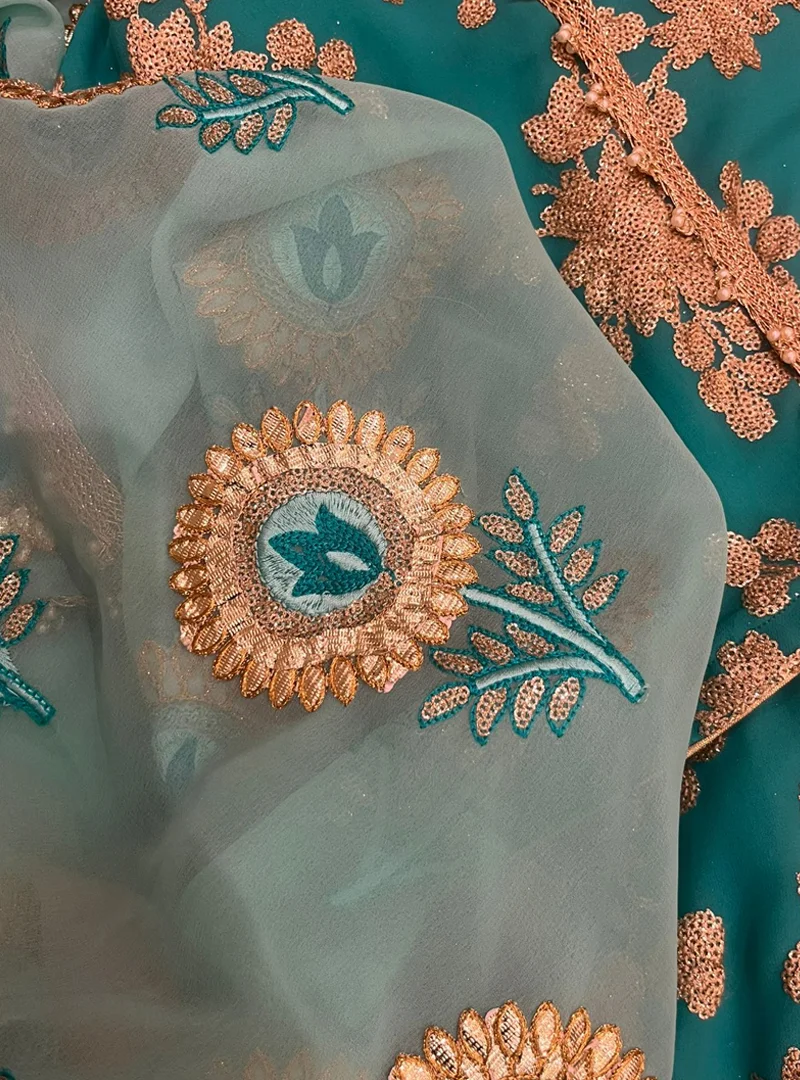 Blue-Green Floral Embroidered Suit