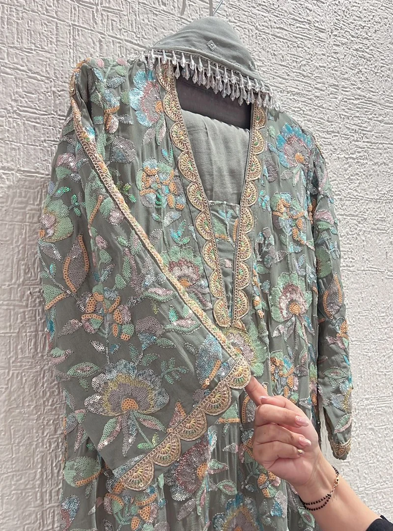 Greyish Green Floral Embroidered Suit