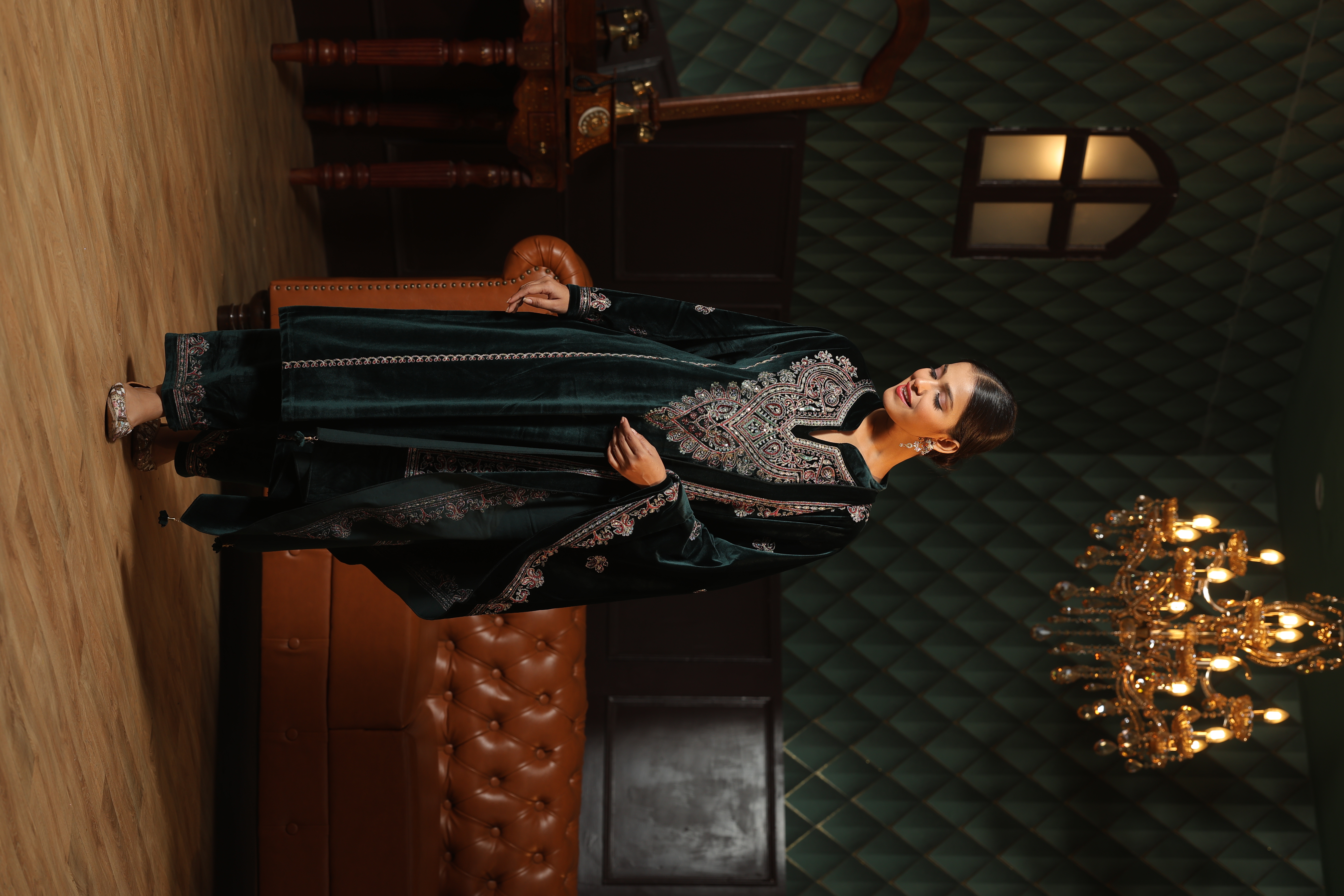 Royal Green Embroidered Velvet 3-piece Suit