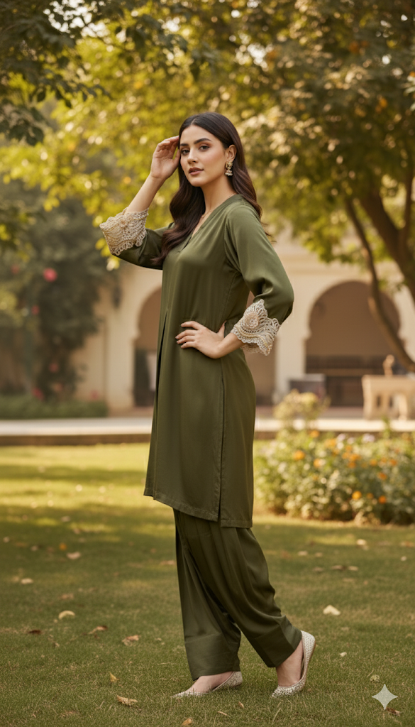 Olive Green Satin Silk Co-ord Set