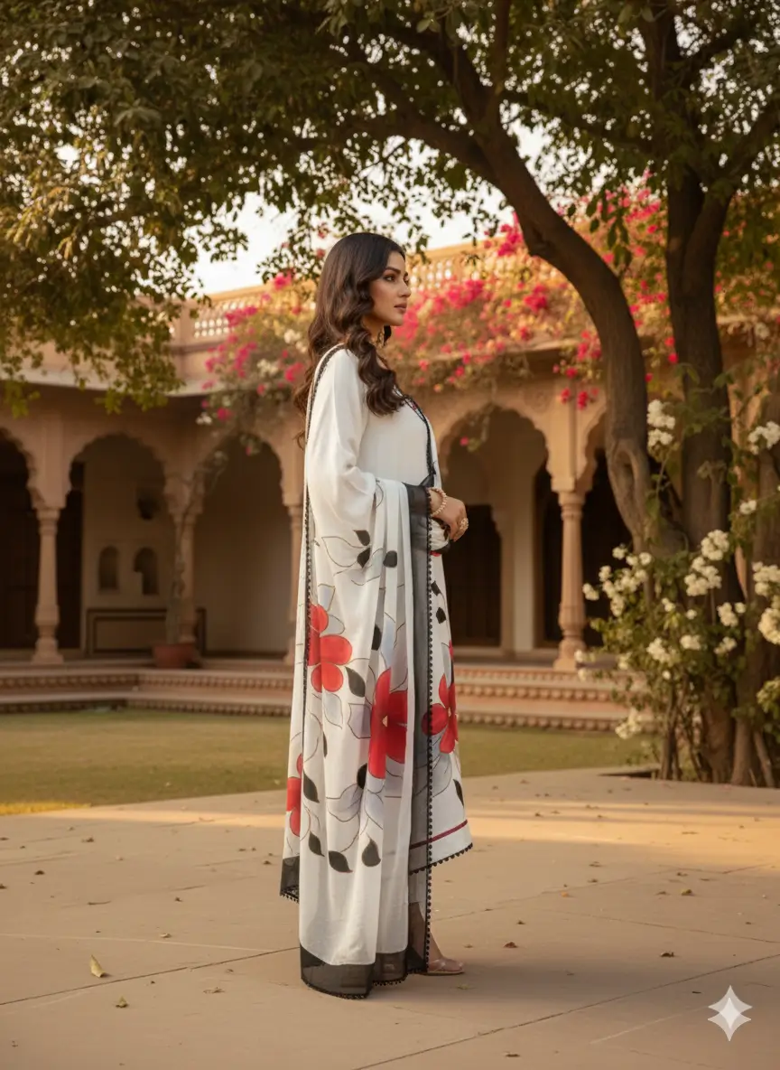 White Floral Handpaint Suit