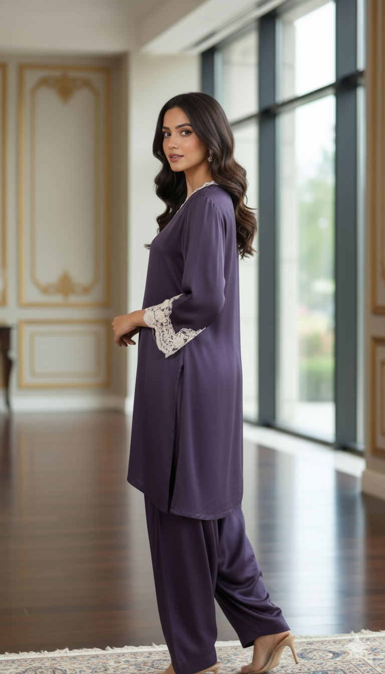 Dark Purple Satin Silk Co-ord Set