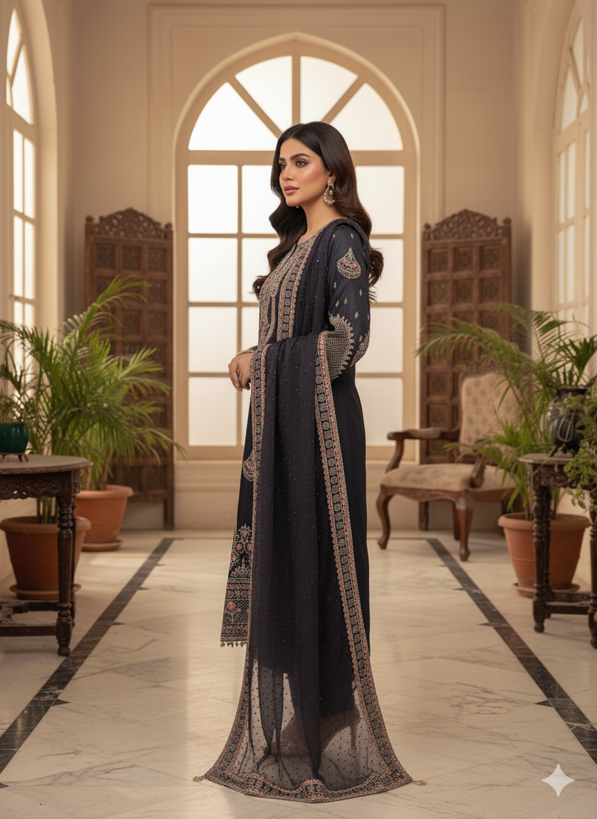 Embroidered Charcoal Grey Parsi Delight