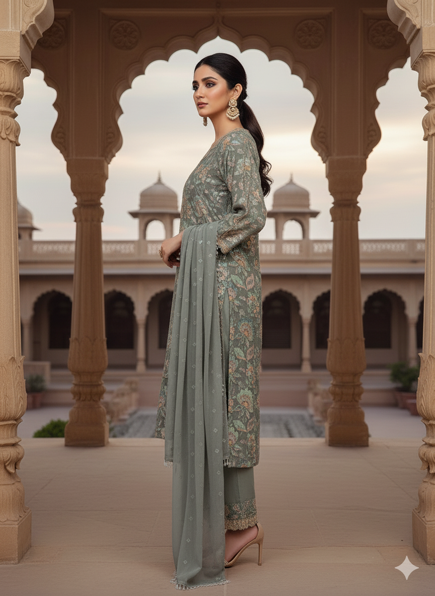 Greyish Green Floral Embroidered Suit
