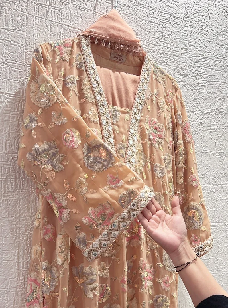 Peach Floral Embroidered Suit