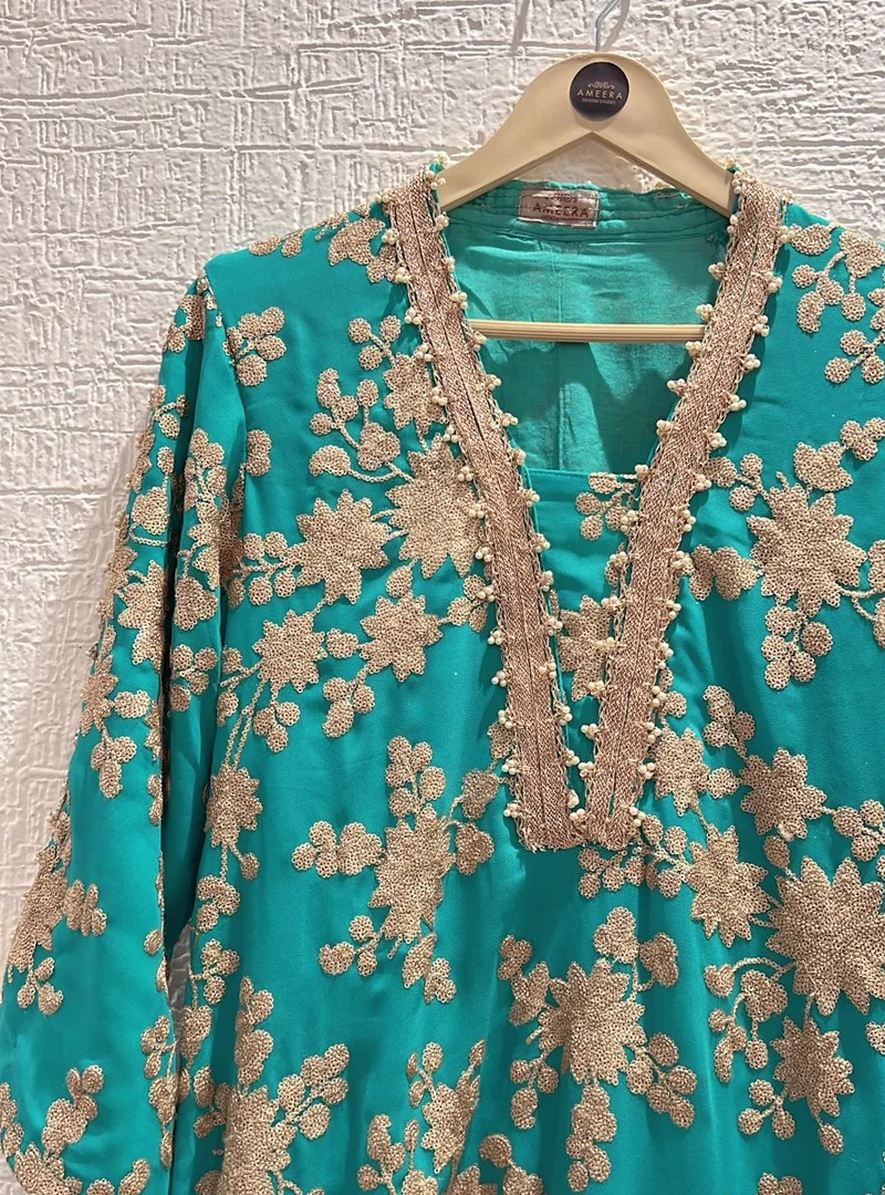 Blue-Green Floral Embroidered Suit