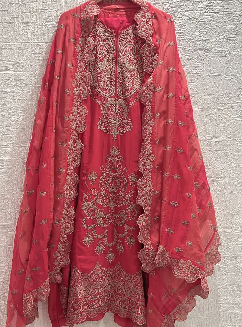 Coral Red Resham Embroidered Suit