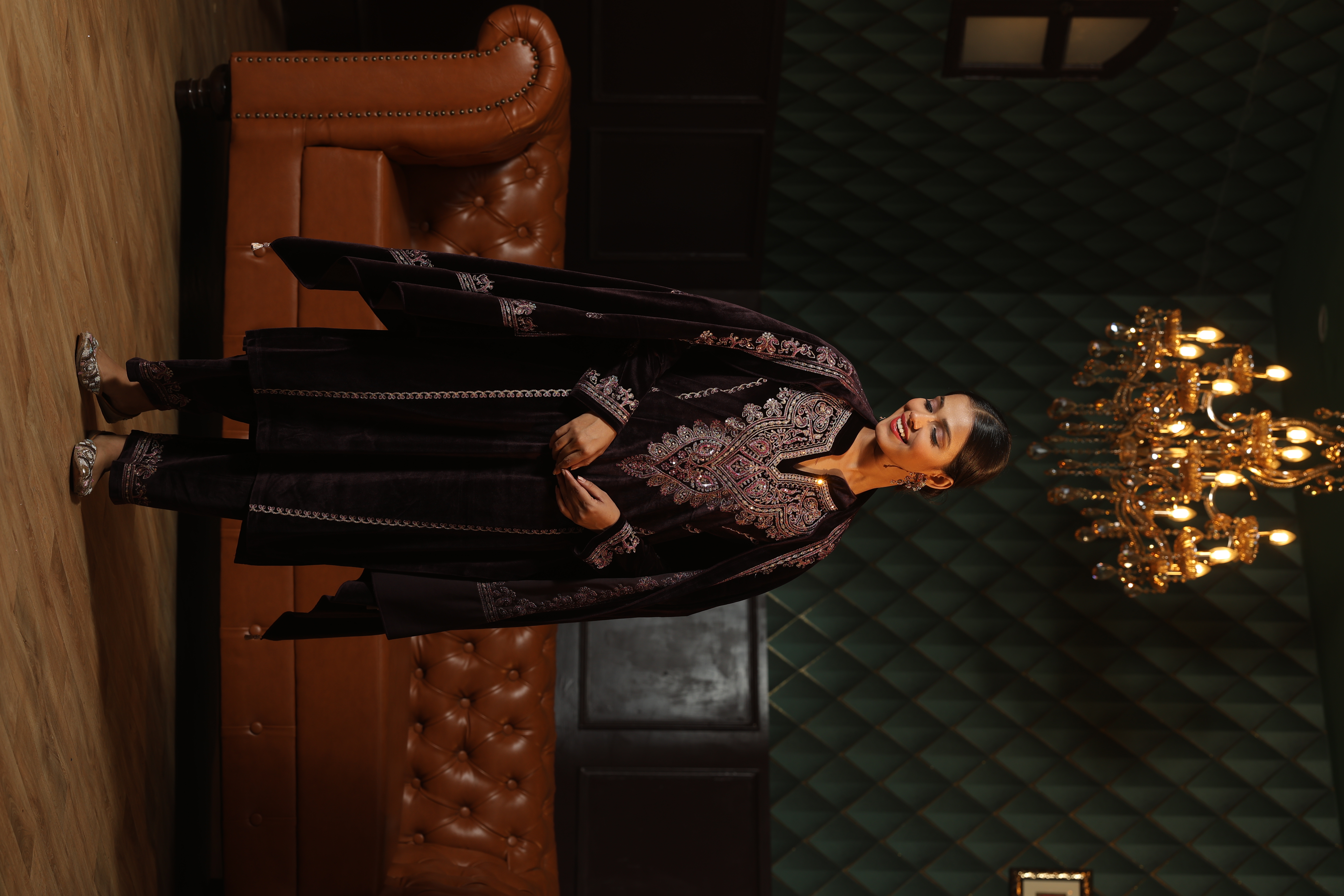 Royal Wine Embroidered Velvet 3-piece Suit