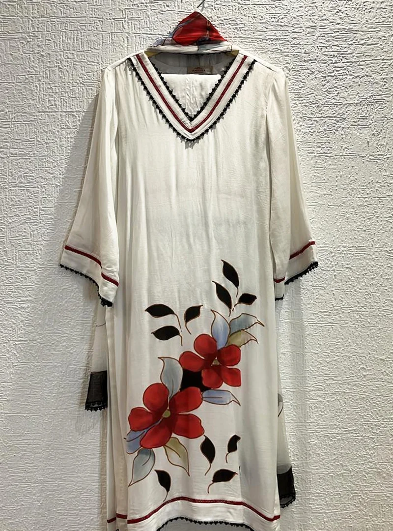 White Floral Handpaint Suit