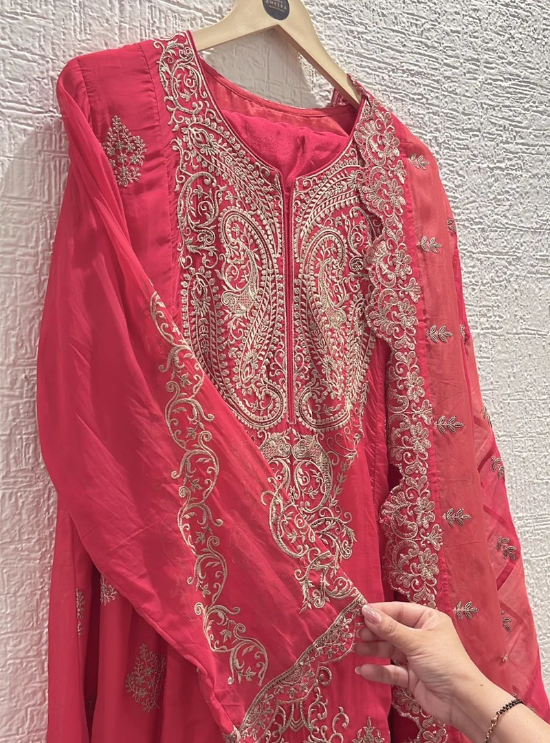 Coral Red Resham Embroidered Suit