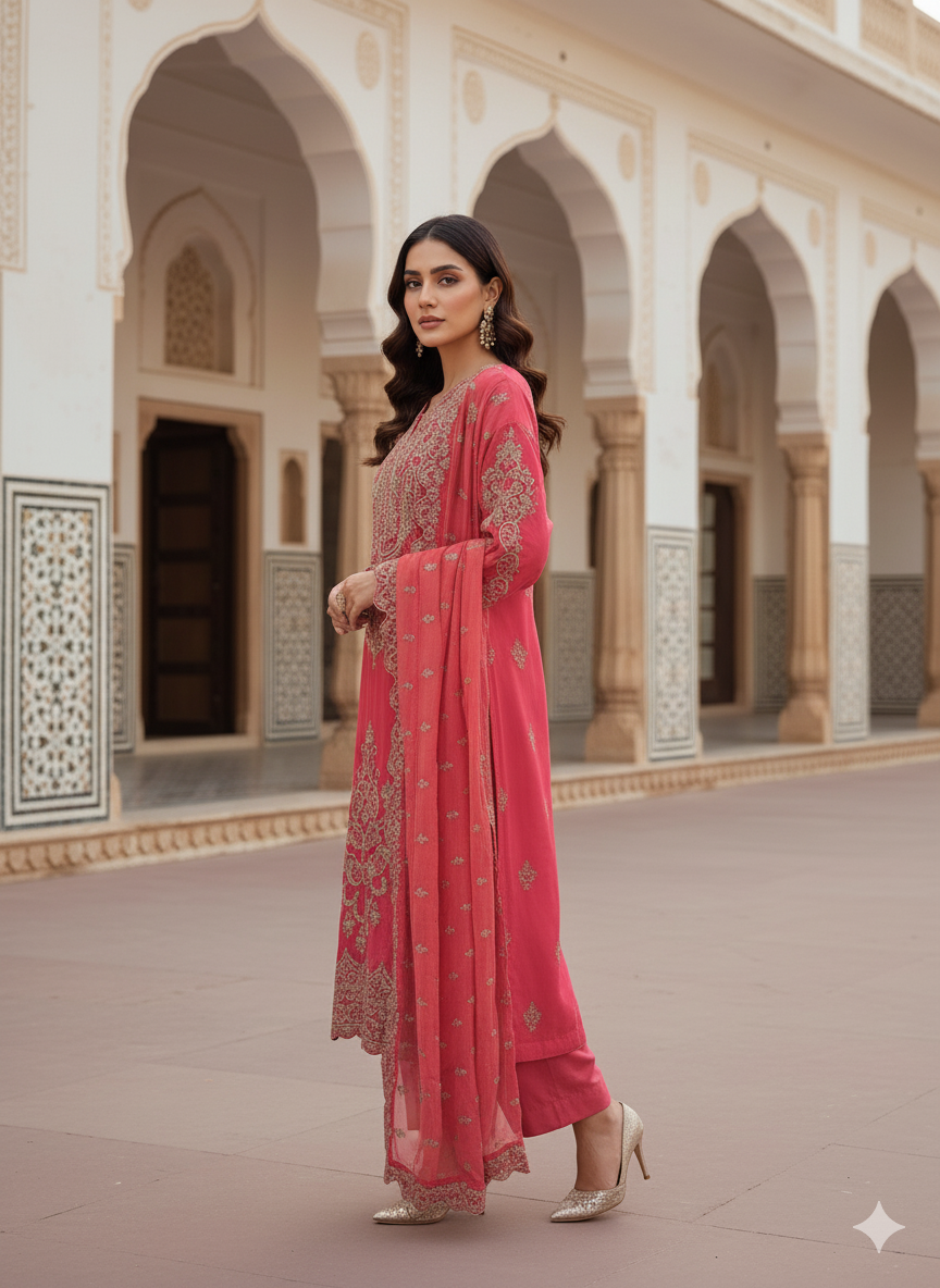 Coral Red Resham Embroidered Suit