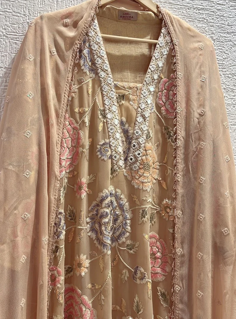 Nude Brown Floral Embroidered Suit