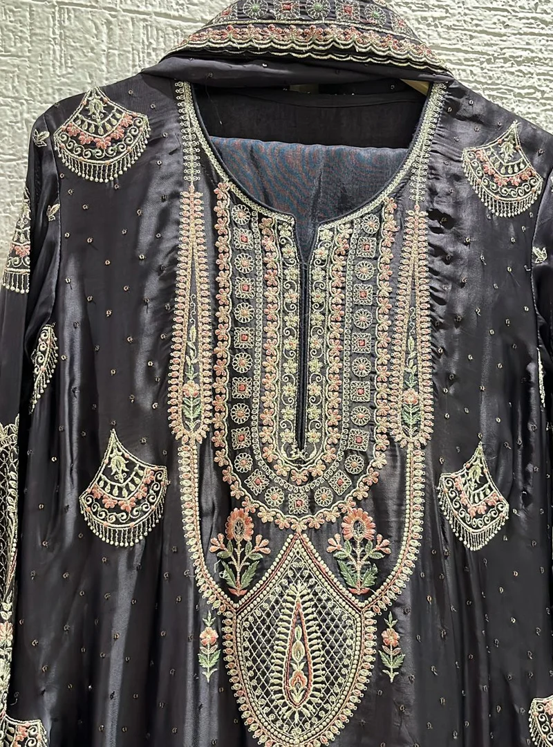 Embroidered Charcoal Grey Parsi Delight