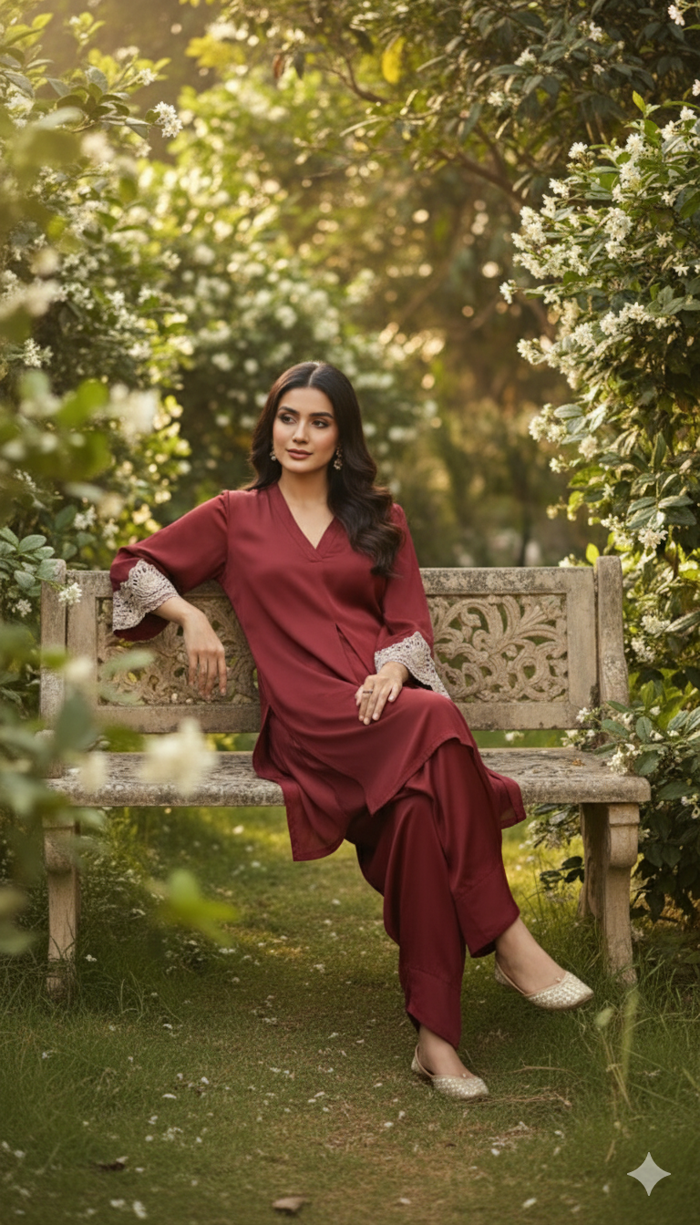 Maroon Red Satin Silk Co-ord set