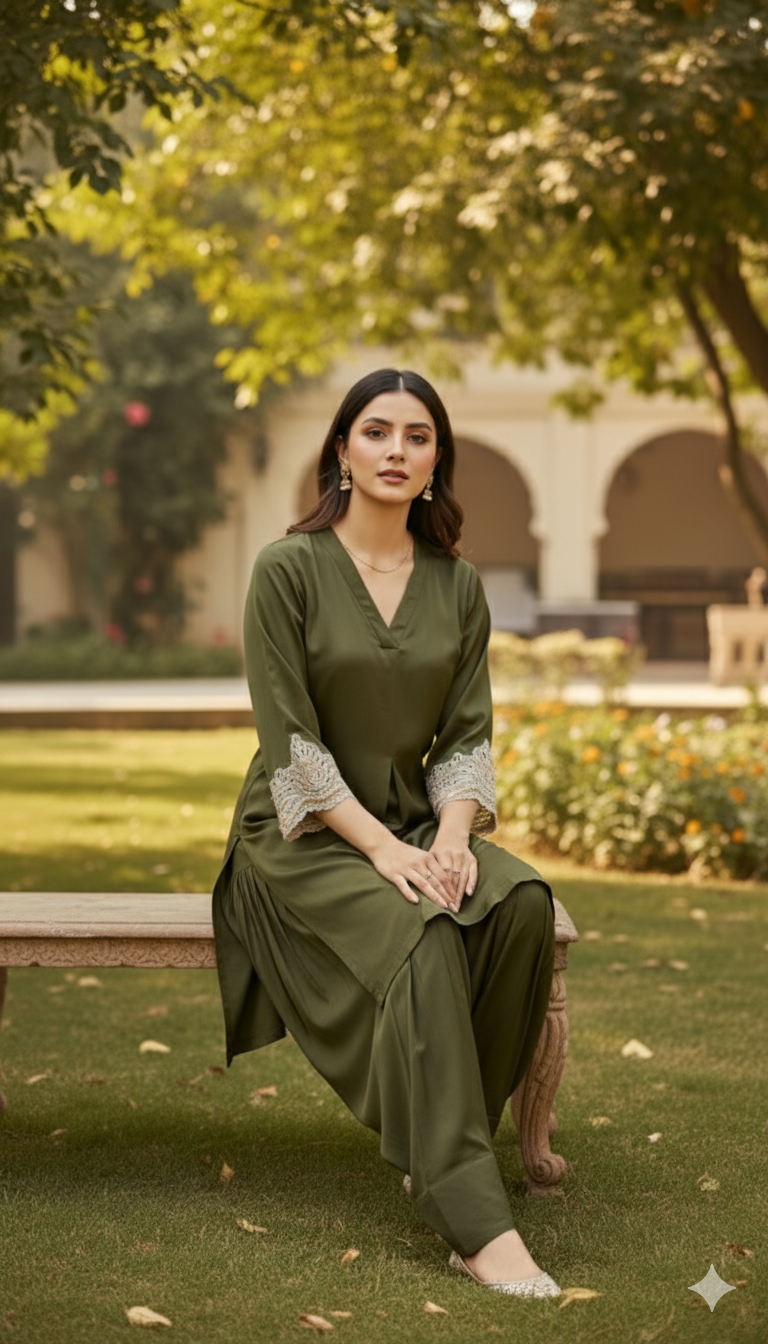 Olive Green Satin Silk Co-ord Set