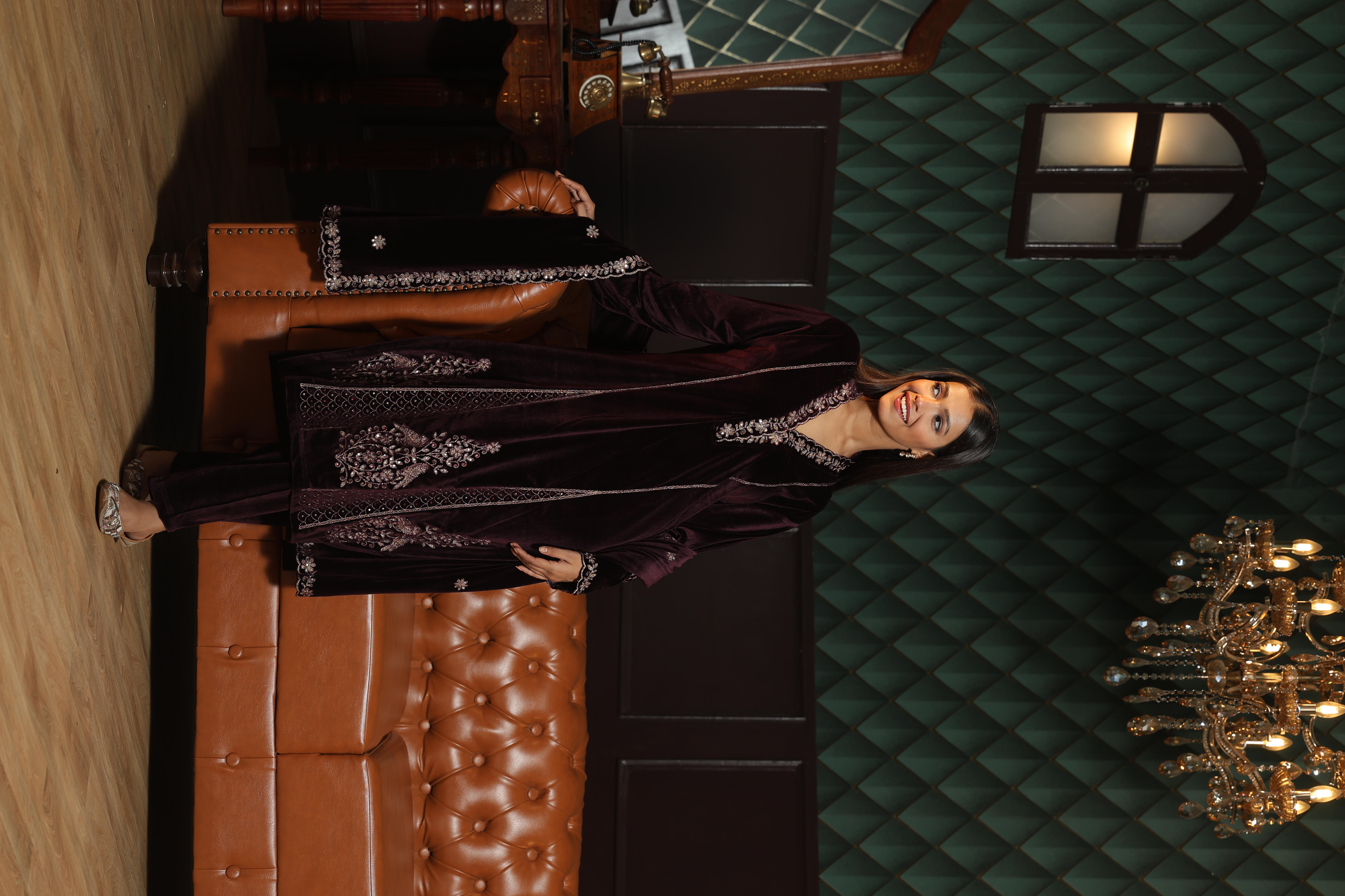 Deep Wine Embroidered Velvet 3-piece Suit