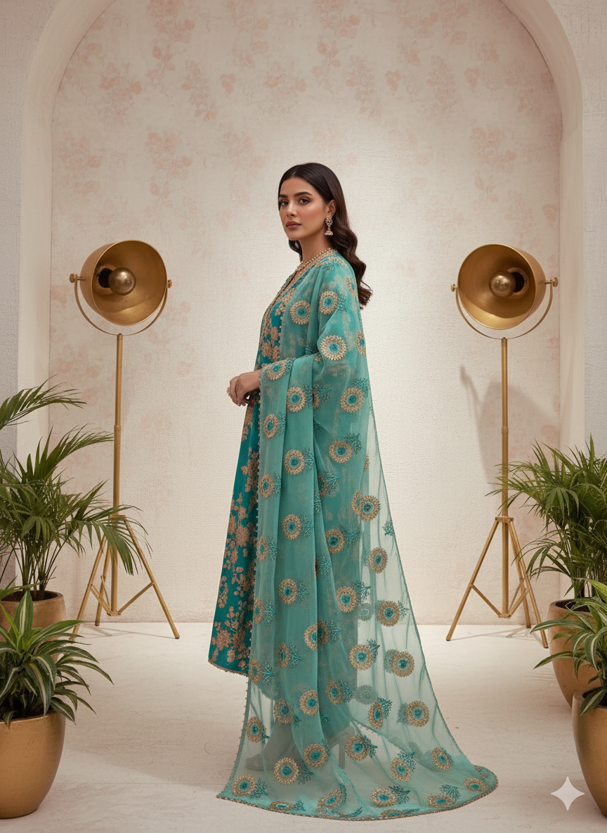 Blue-Green Floral Embroidered Suit