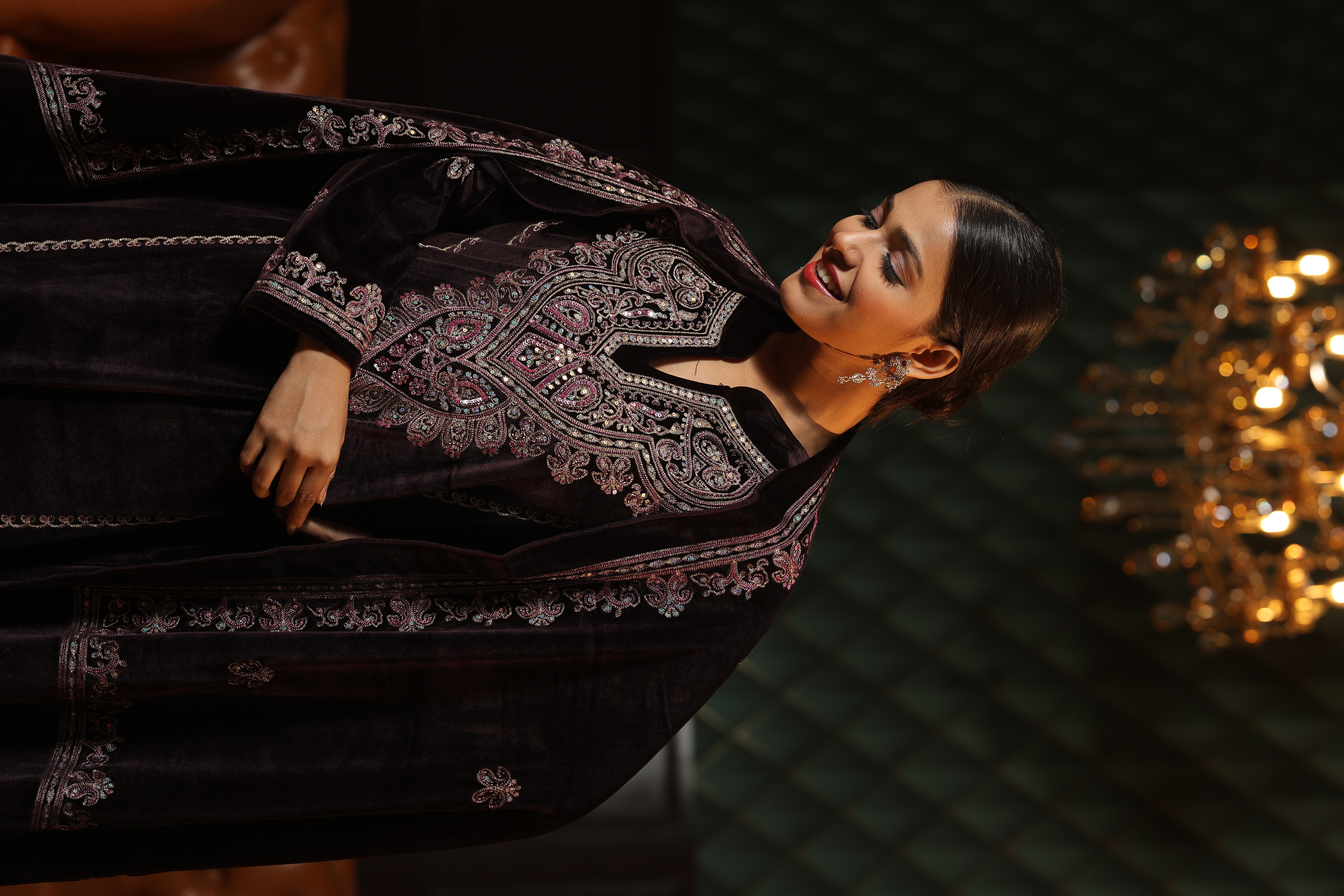 Royal Wine Embroidered Velvet 3-piece Suit