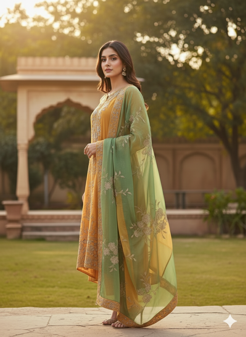 Mustard Yellow Resham Embroidery Suit