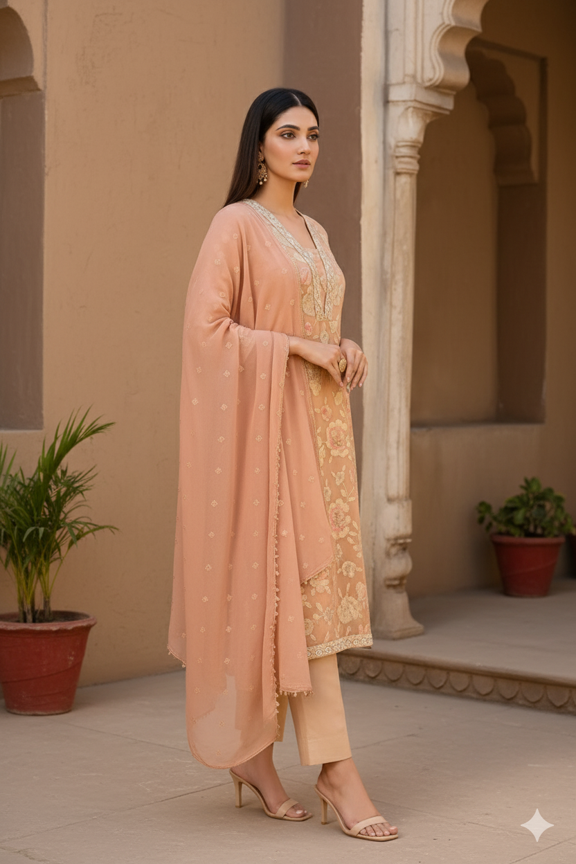 Peach Floral Embroidered Suit