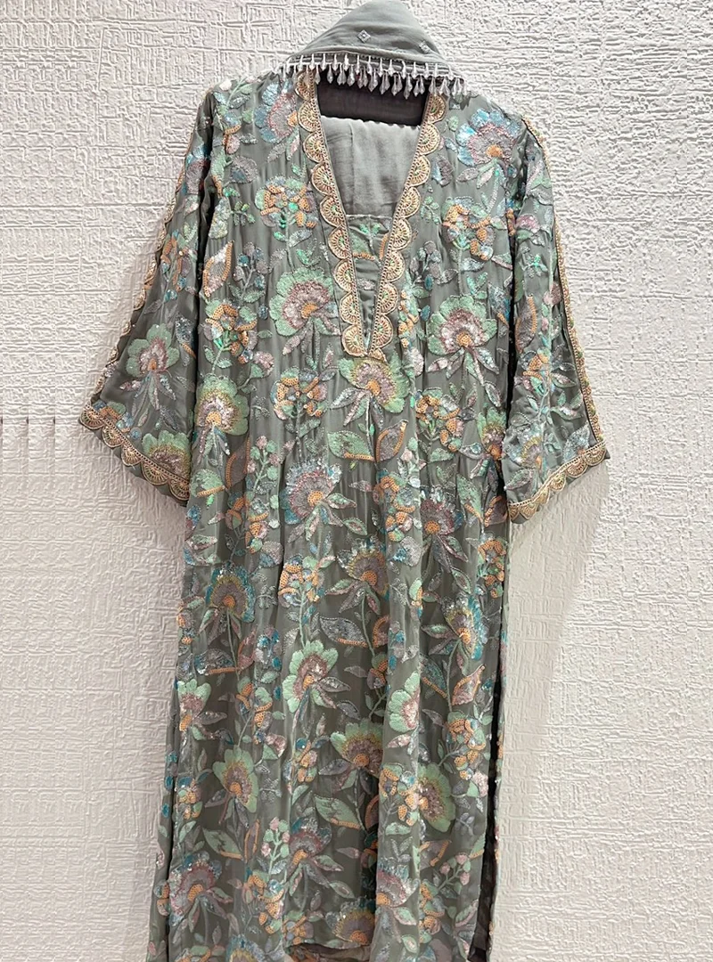 Greyish Green Floral Embroidered Suit