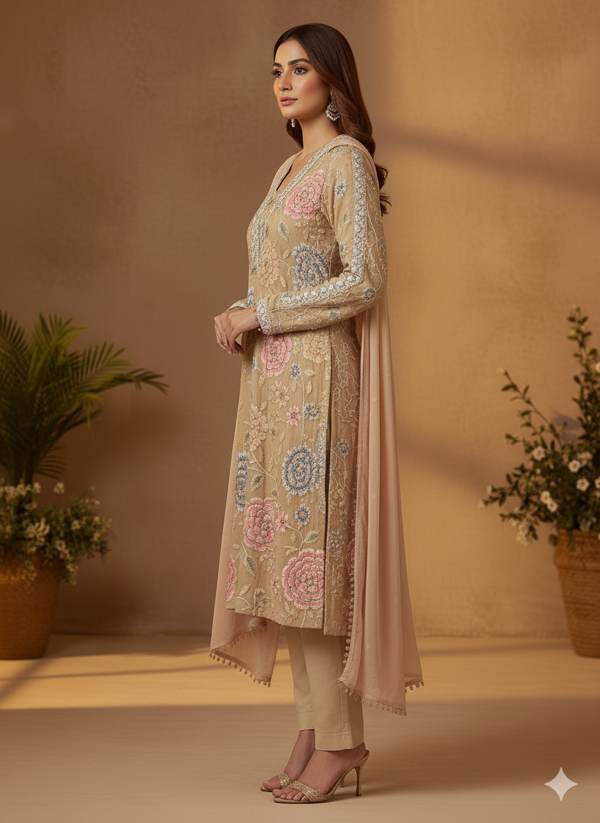 Nude Brown Floral Embroidered Suit