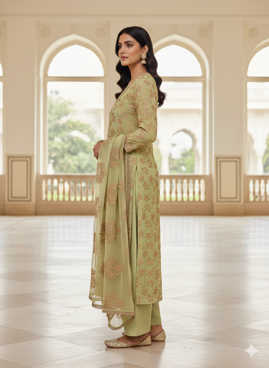 Floral Lime Green Zari Embroidered Suit