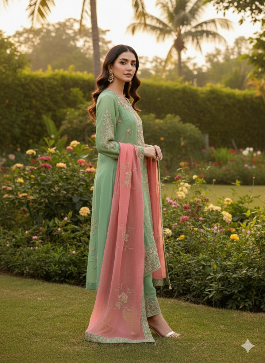Sage Green Resham Embroidery Suit