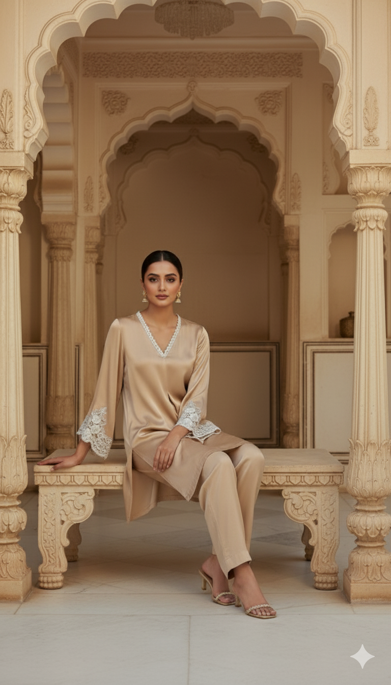 Nude Gold Satin Silk Co-ord Set