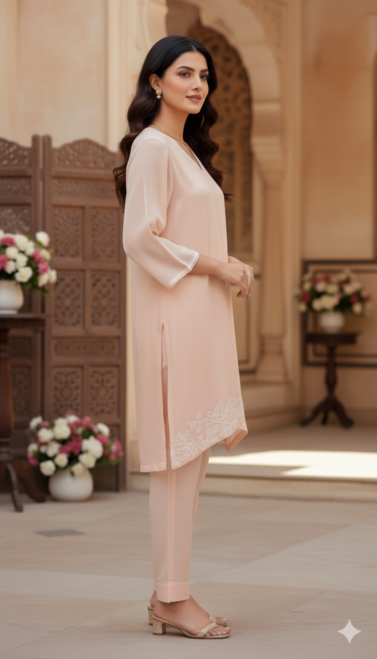 Peach Embroidered Organza Co-ord Set