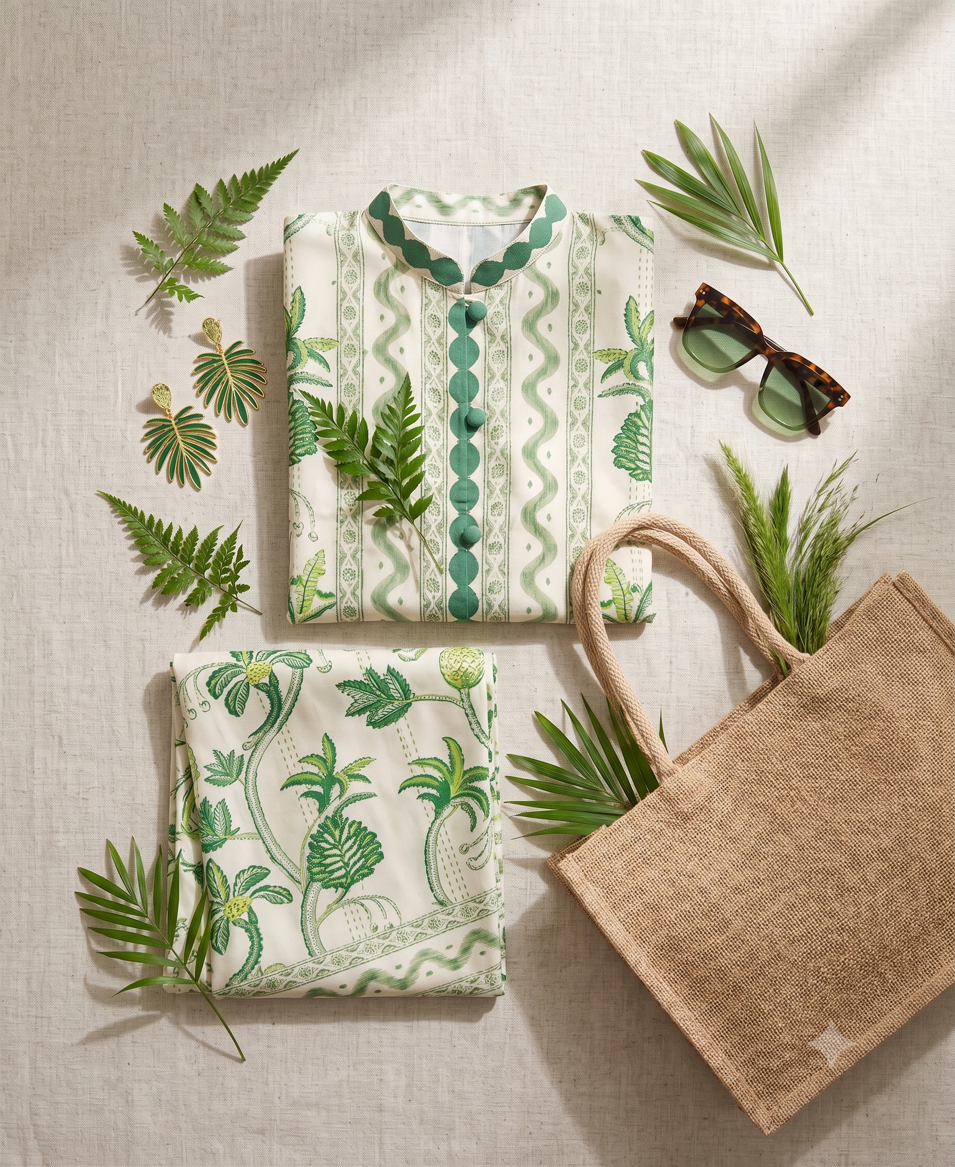 Ivory & Green Botanical Printed Cotton Blend Summer Co-ord Set