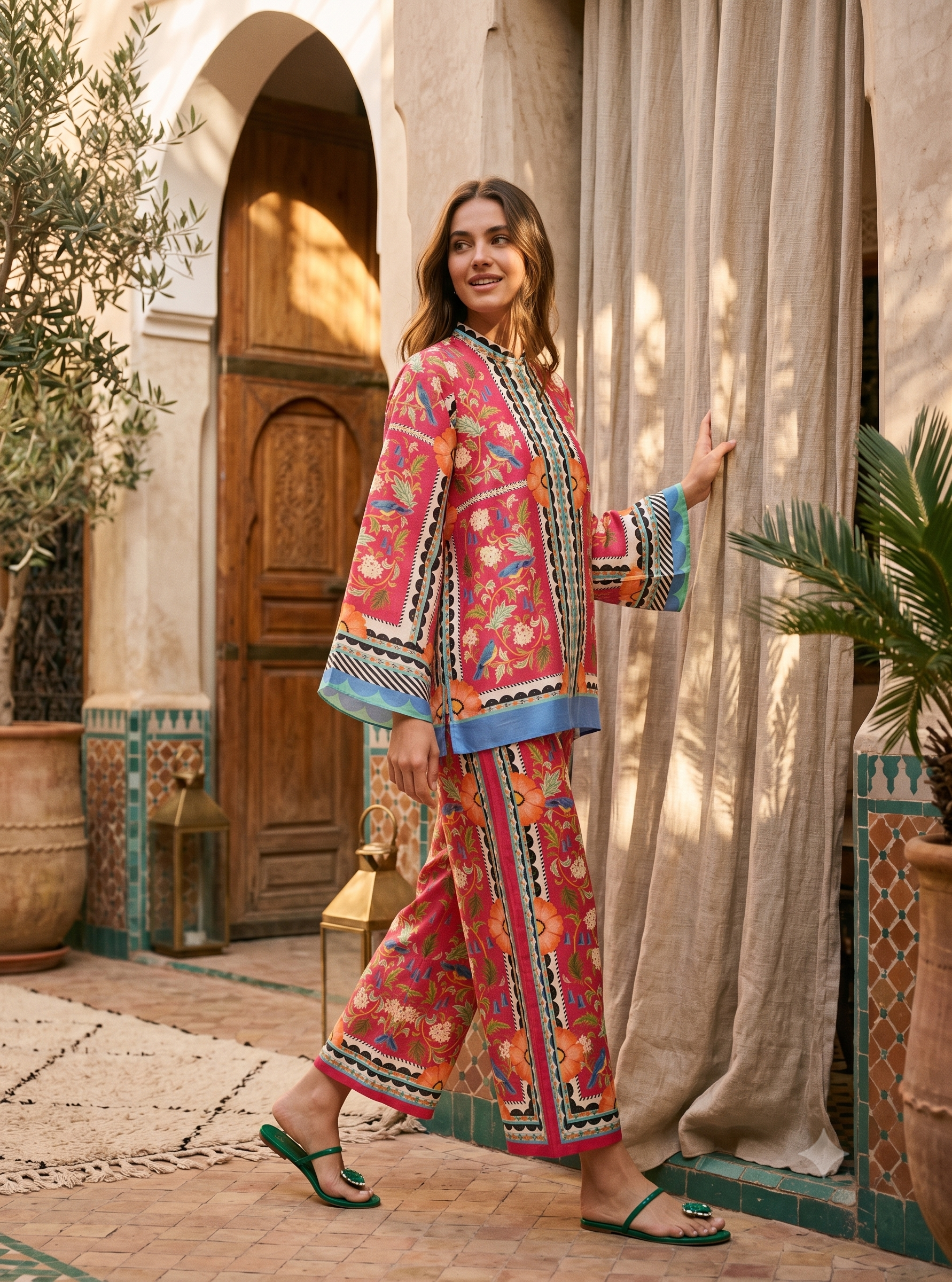Coral Charm Printed Cotton Blend Summer Co-ord Set