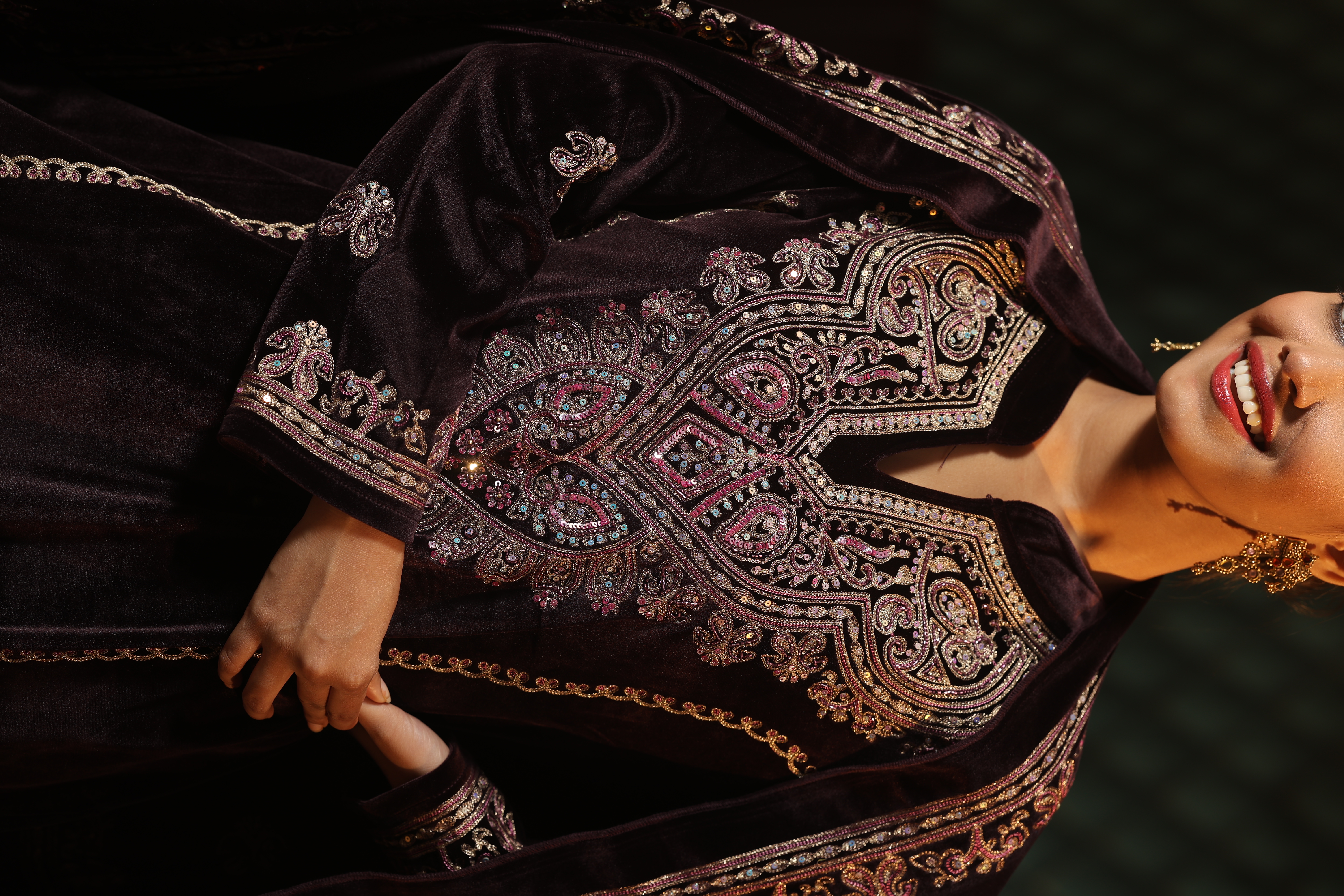Royal Wine Embroidered Velvet 3-piece Suit