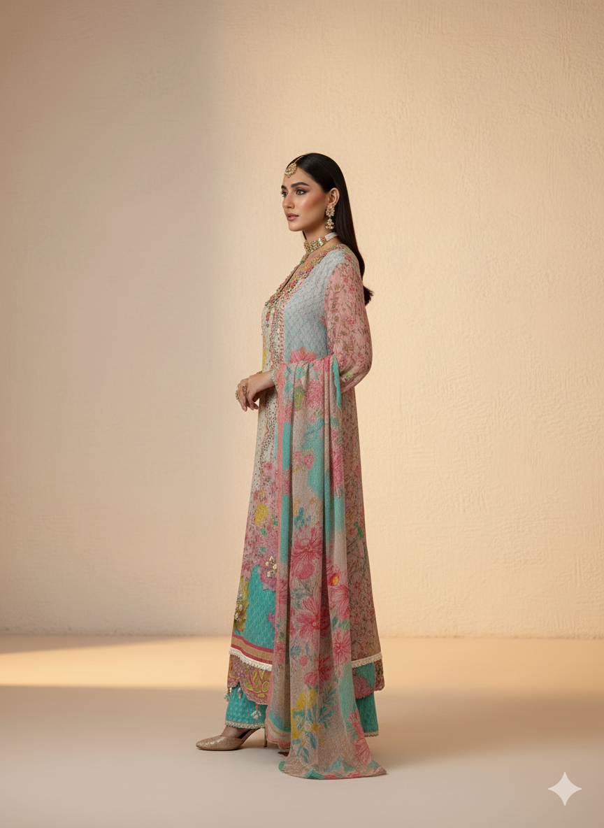 Embroidered Floral Printed Suit