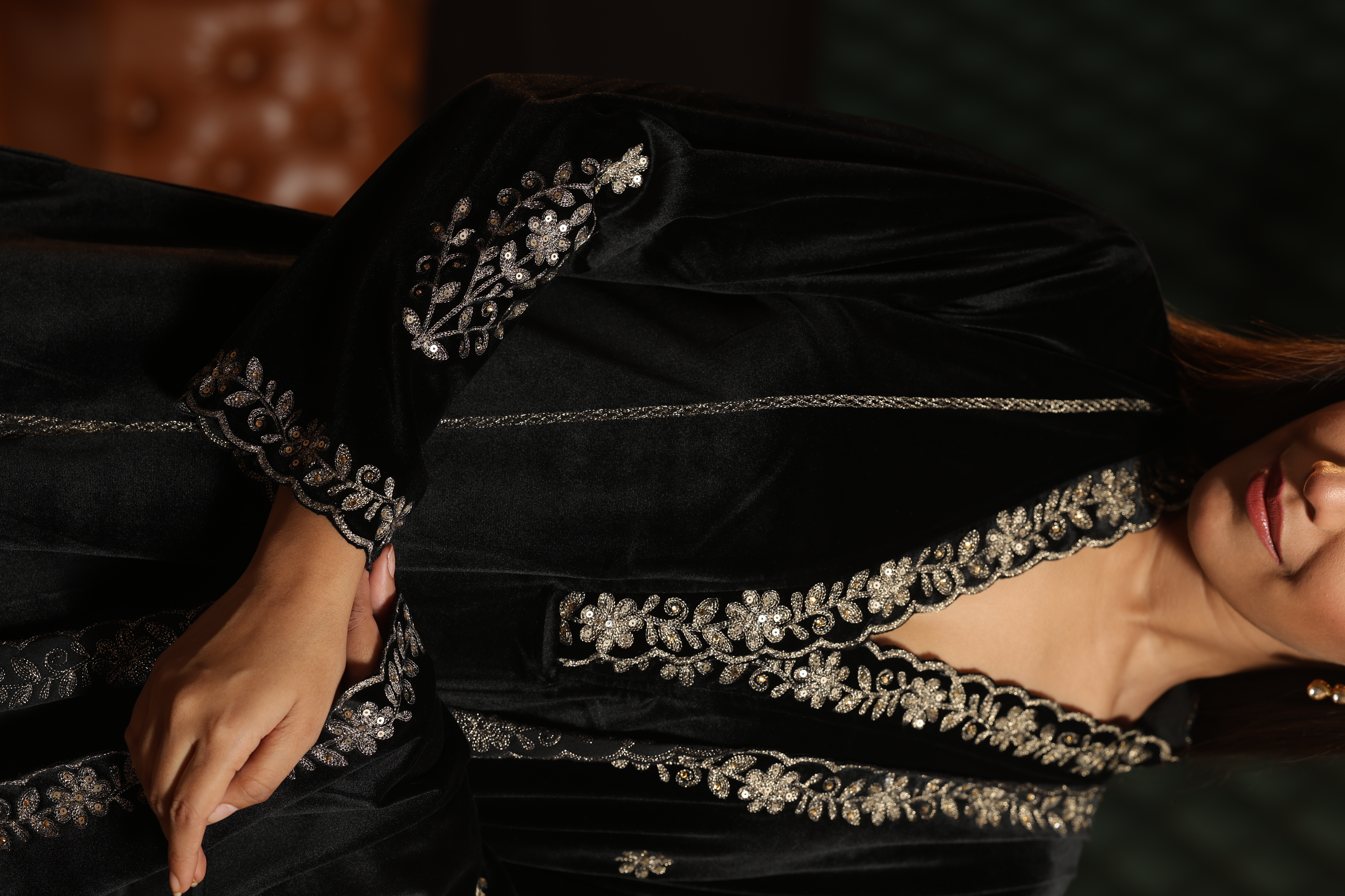 Black Embroidered Velvet 3-piece Suit