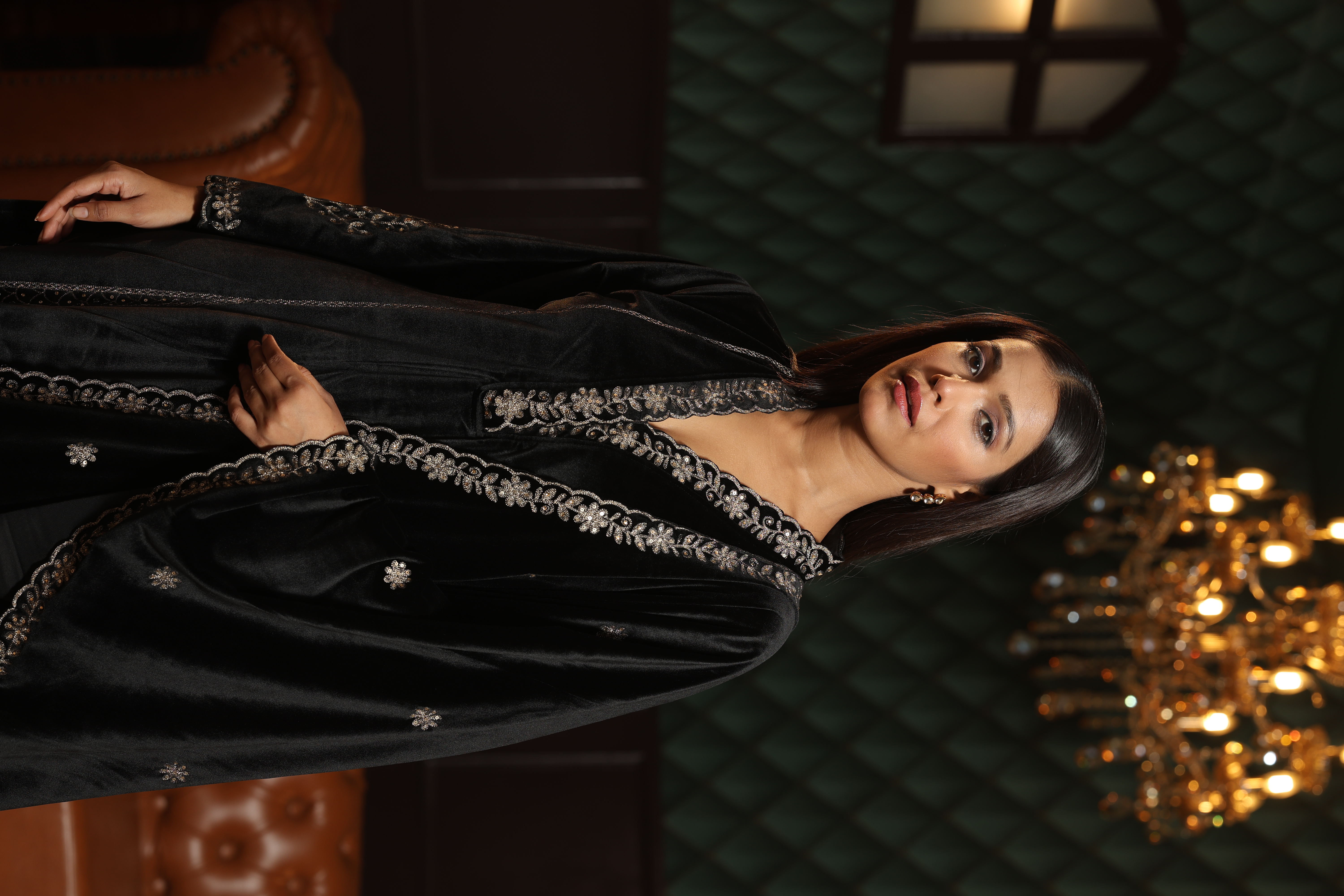 Black Embroidered Velvet 3-piece Suit