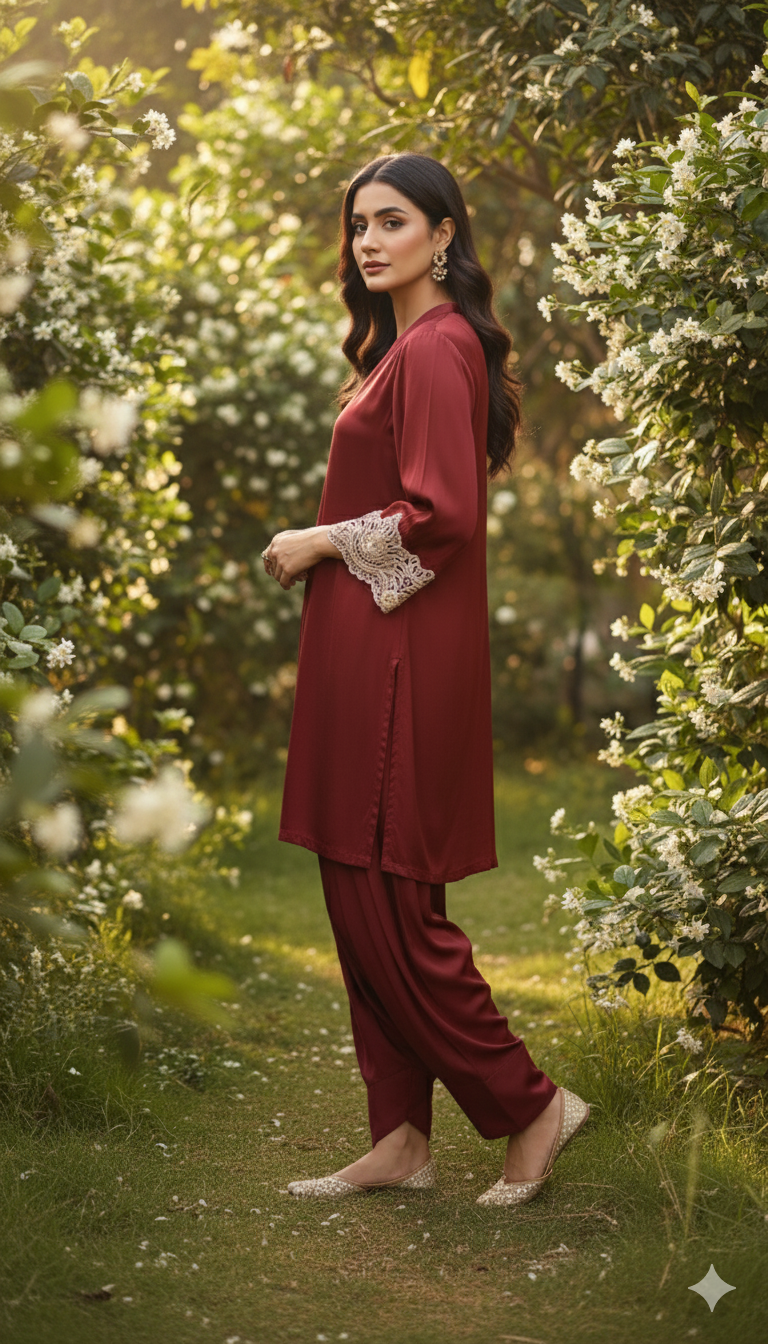 Maroon Red Satin Silk Co-ord set