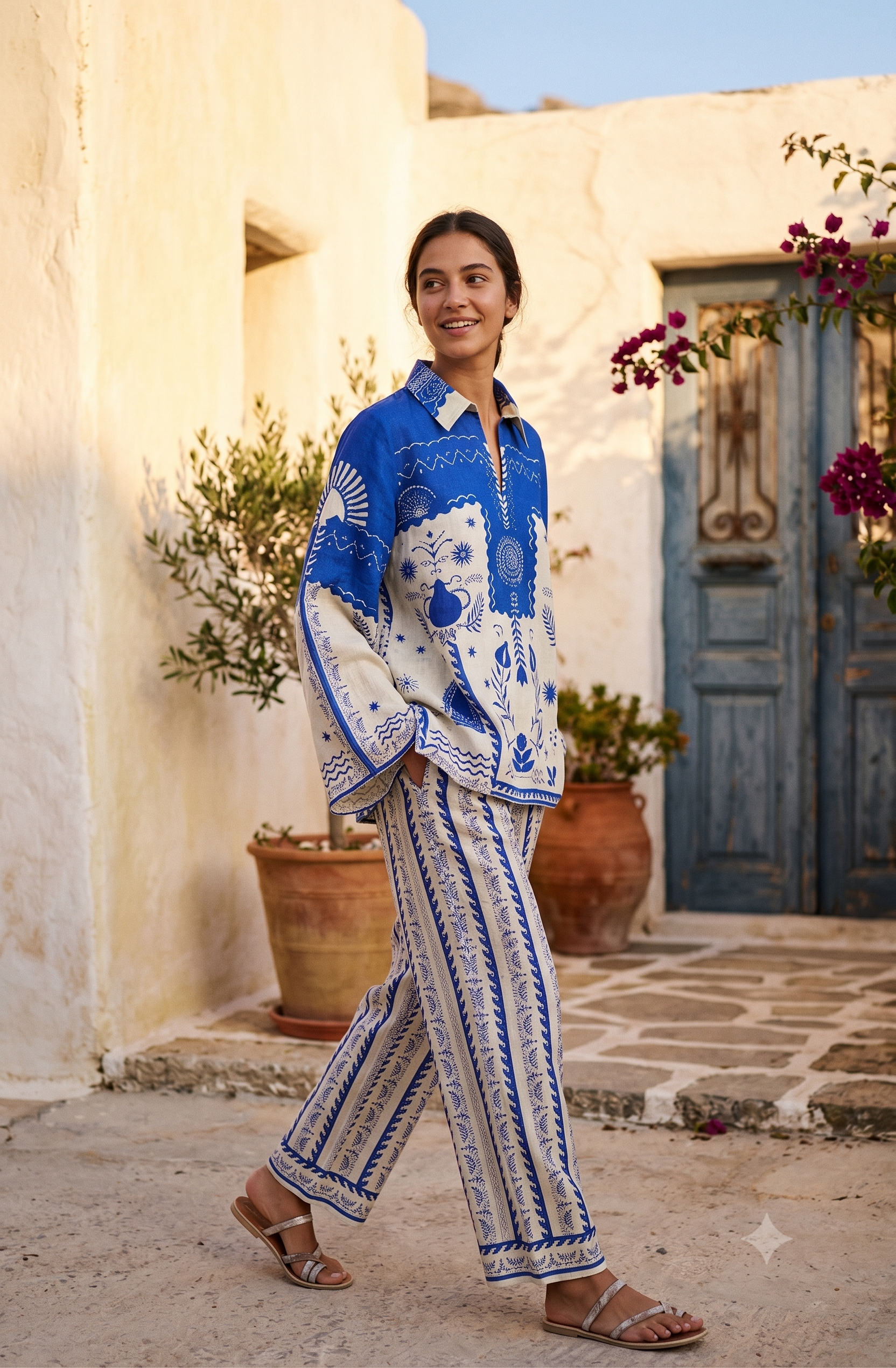 Aegean Blue Printed Cotton Blend Summer Co-Ord Set